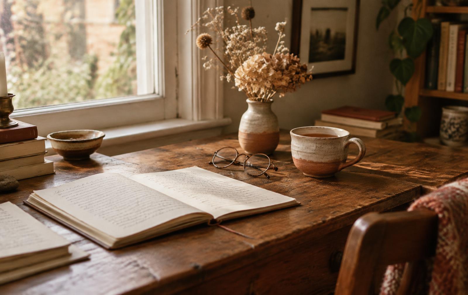 A quiet writing desk with manuscripts in soft light